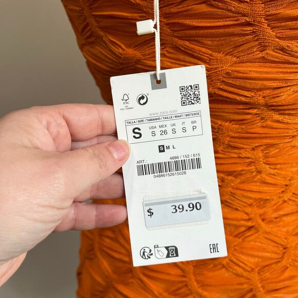 Zara Orange Textured V Neck Mini Dress Size Small - Picture 8 of 10